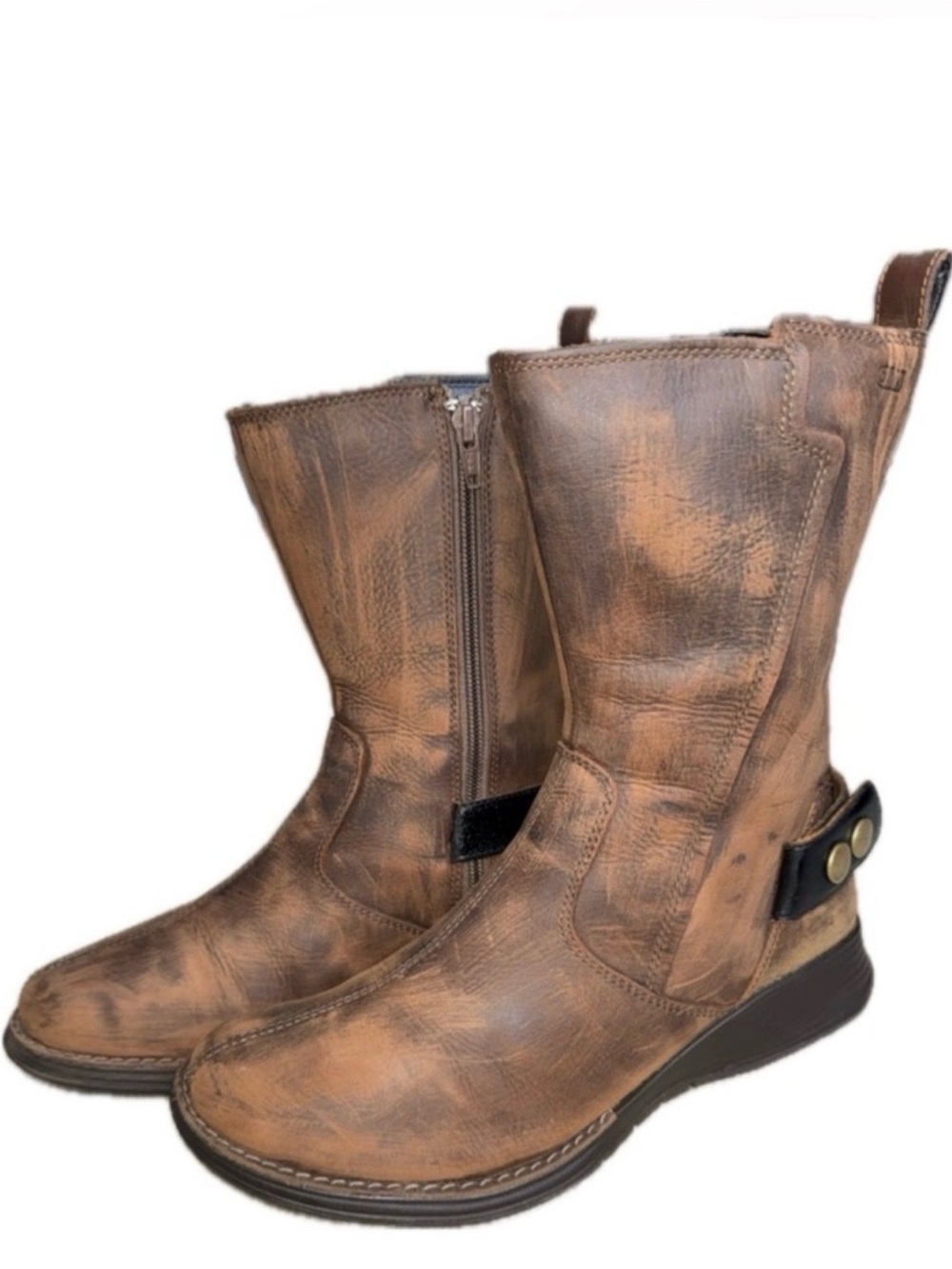 MERRELL Clay Brown Leather Boots Hand Distressed Patina Snap Buckle Boho US 8.5‎